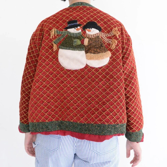 Red & Green Holiday Festive Snowman Button Up Cardigan Jacket Ugly Christmas M - Picture 3 of 11